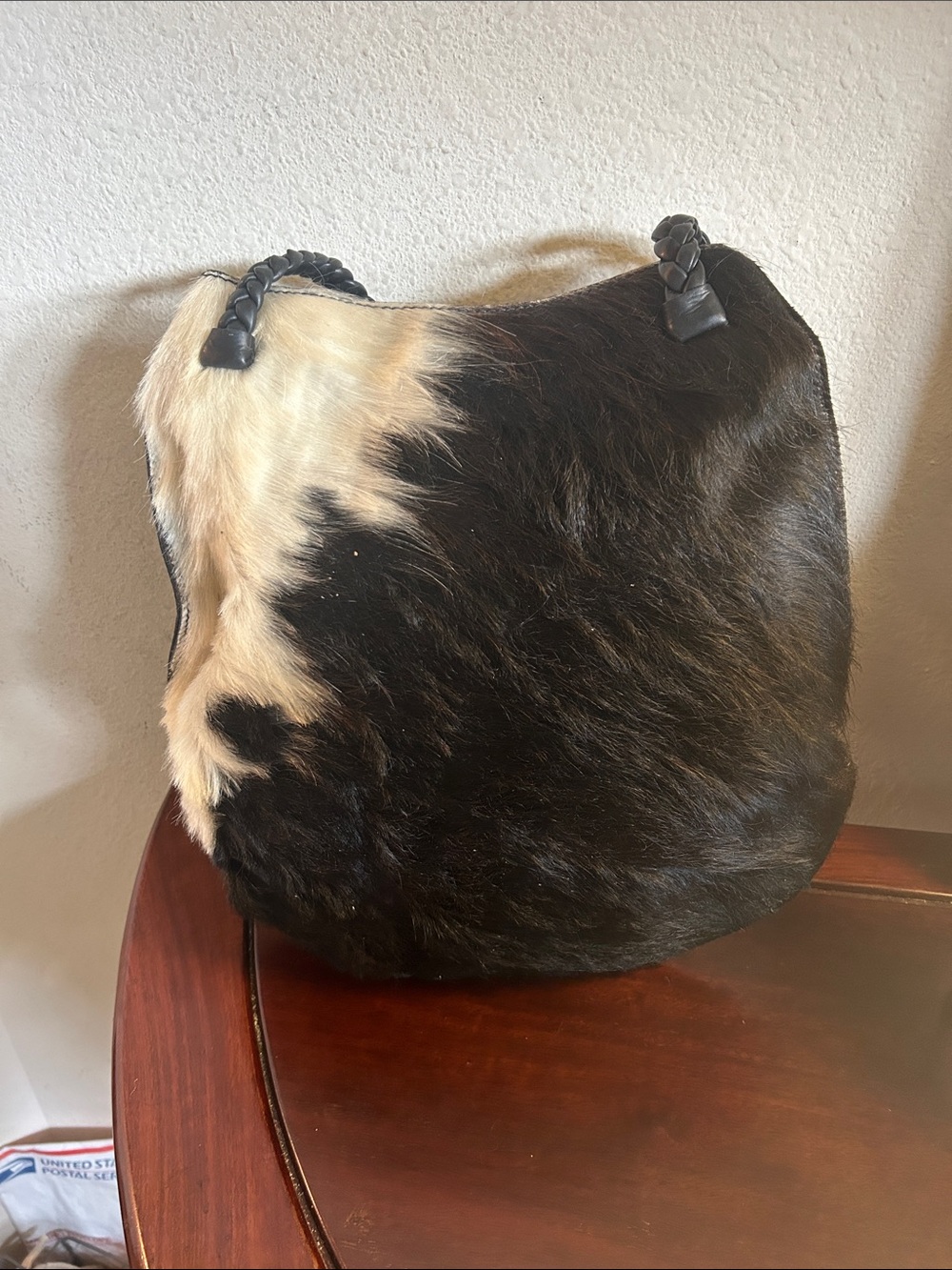 Black and White Cowhide Shoulder Bag with Braided Straps - Picture 6 of 6